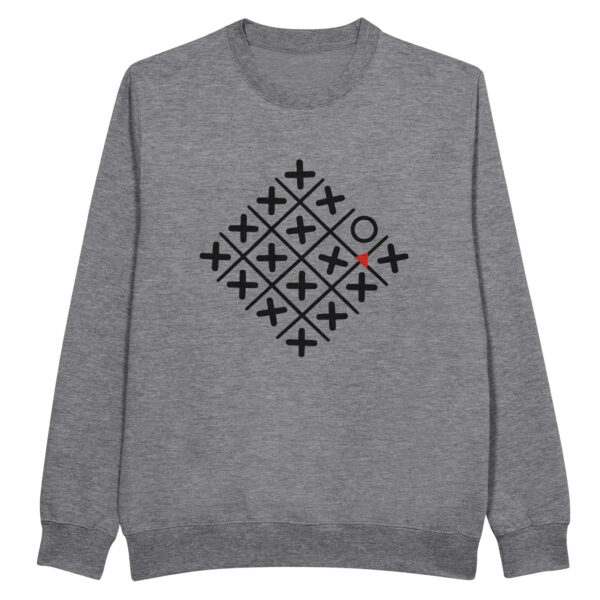 Loneliness and Belonging sweatshirt by Casual Clash in heather grey featuring a diamond grid of crosses, one circle, and a red triangle