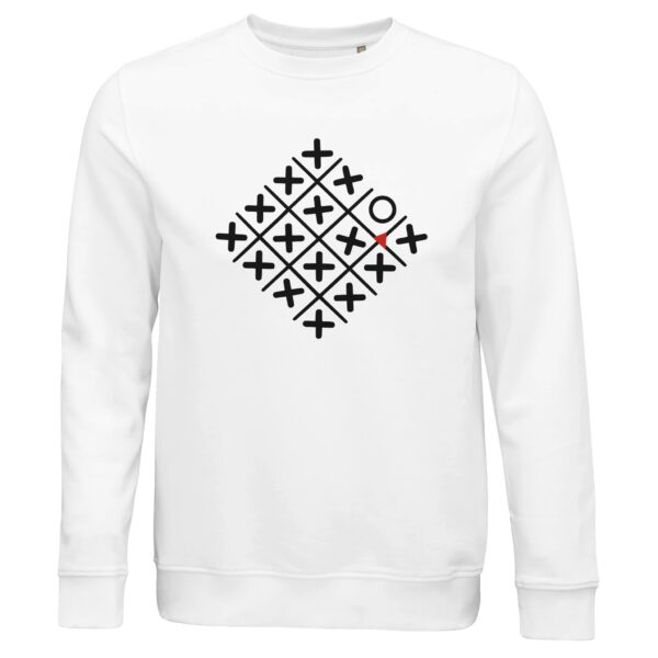 Loneliness and Belonging sweatshirt by Casual Clash in white with a diamond grid of crosses, one circle, and a red triangle