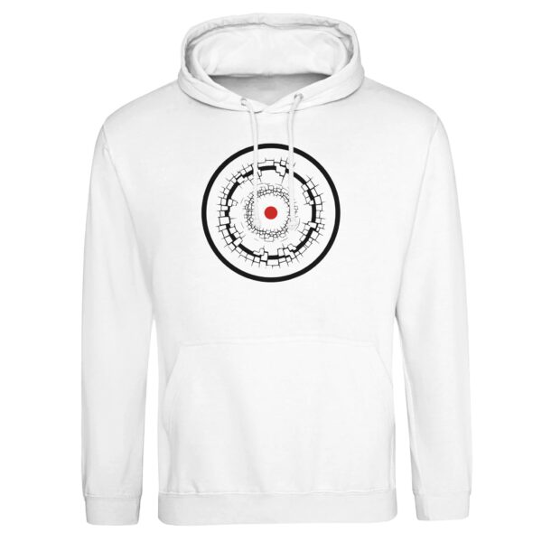 Old Self and New Self pullover hoodie by Casual Clash in arctic white featuring fractured and clean rings and a red circle
