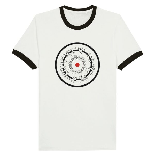 Old Self and New Self ringer T-shirt by Casual Clash in white and black featuring fractured and clean rings and a red circle