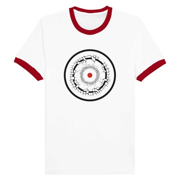 Old Self and New Self ringer T-shirt by Casual Clash in white and red featuring fractured and clean rings and a red circle