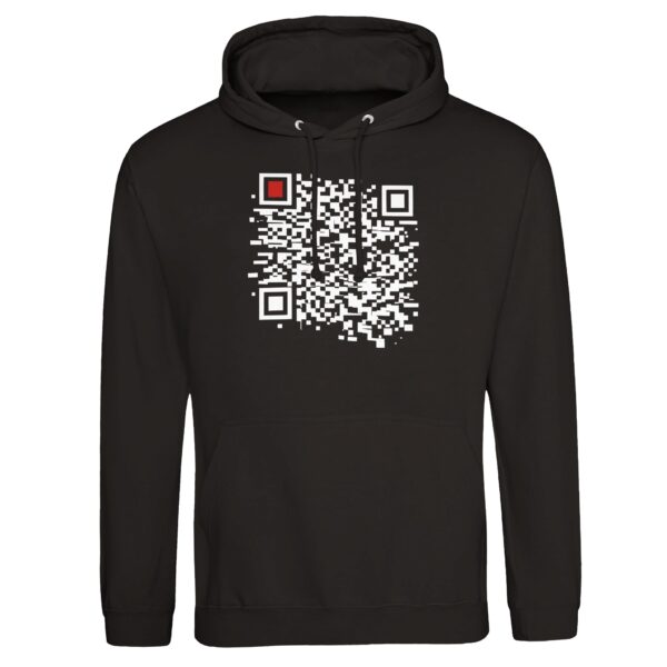 Order and Chaos pullover hoodie by Casual Clash in deep black featuring a segmented grid and a red square
