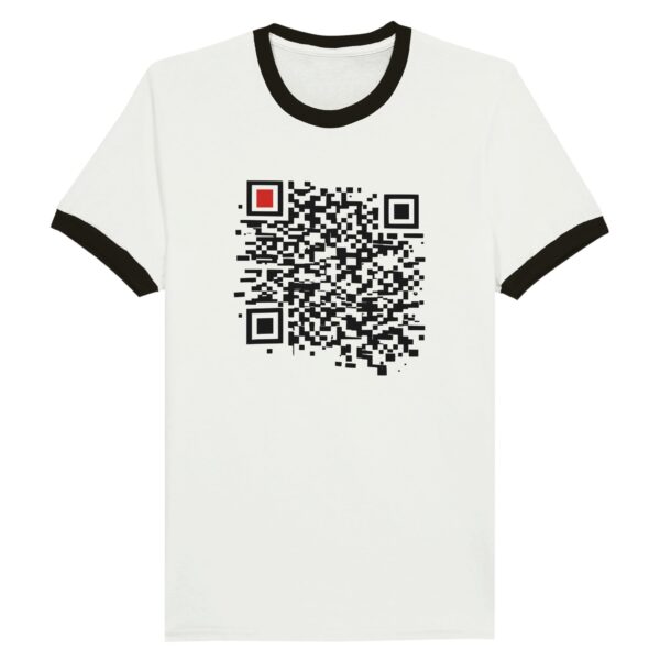 Order and Chaos ringer T-shirt by Casual Clash in white and black featuring a segmented grid and a red square