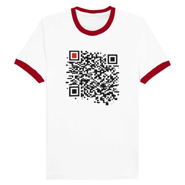 Order and Chaos ringer T-shirt by Casual Clash in white and red featuring a segmented grid and a red square