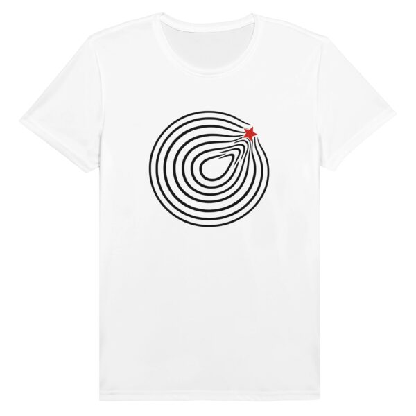 Comfort and Growth motion T-shirt by Casual Clash in white featuring circular lines and a red star