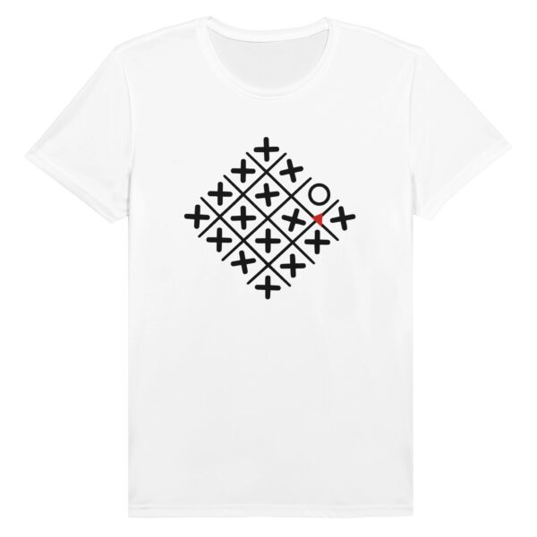 Loneliness and Belonging motion T-shirt by Casual Clash in white featuring a diamond grid of crosses, one circle, and a red triangle