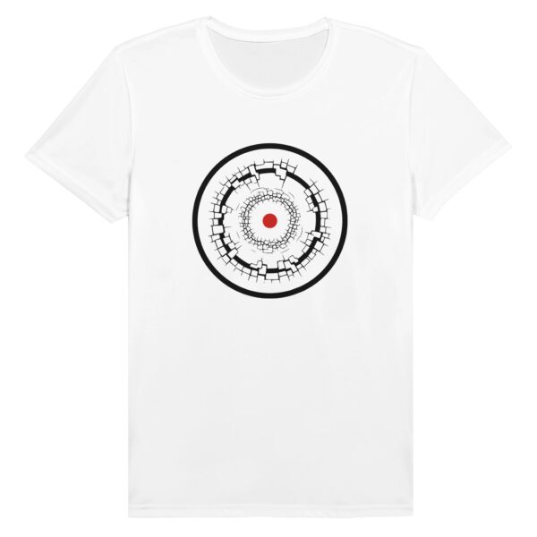 Old Self and New Self motion T-shirt by Casual Clash in white featuring fractured and clean rings and a red circle
