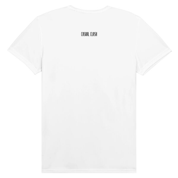 Order and Chaos motion T-shirt by Casual Clash in white featuring a small logo, back view