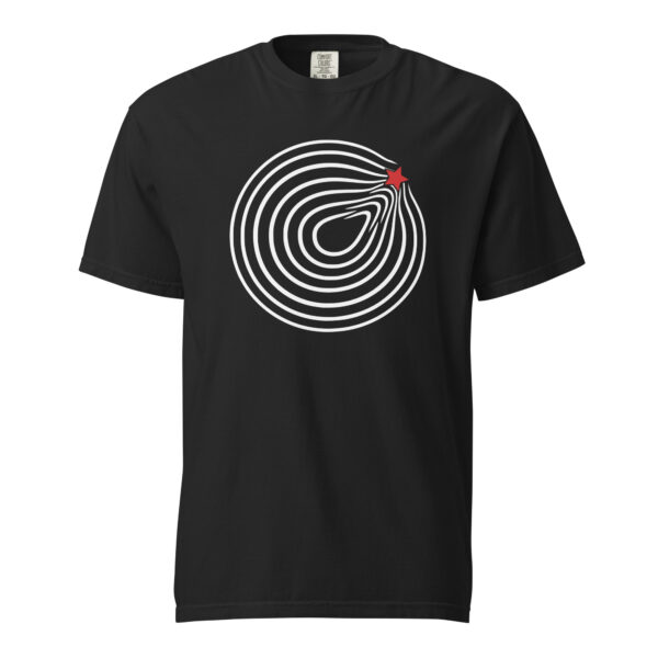 Comfort and Growth heavyweight T-shirt by Casual Clash in black featuring circular lines and a red star