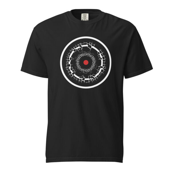 Old Self and New Self heavyweight T-shirt by Casual Clash in black featuring fractured and clean rings and a red circle
