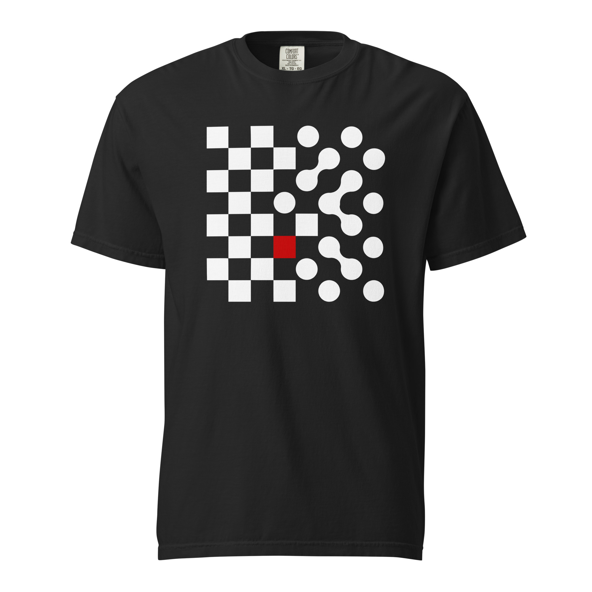 Logic and Emotion heavyweight T-shirt by Casual Clash in black featuring a grid of squares and circles