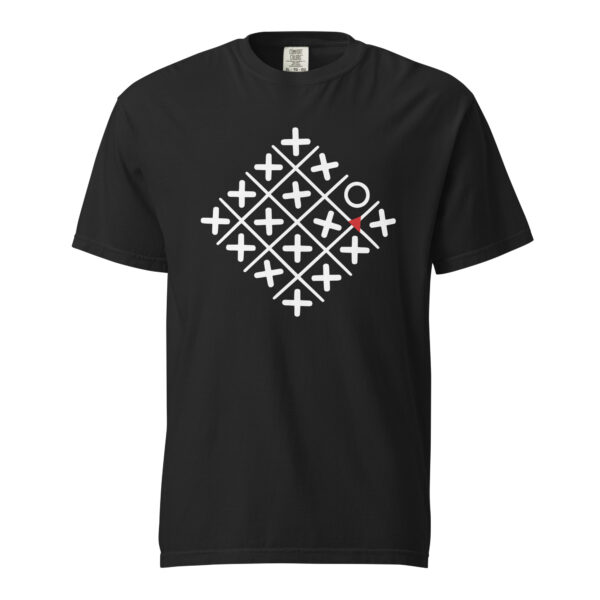Loneliness and Belonging heavyweight T-shirt by Casual Clash in black featuring a diamond grid of crosses, one circle, and a red triangle