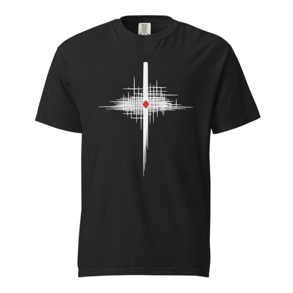 Faith and Certainty heavyweight T-shirt by Casual Clash in black featuring intersecting lines and a red diamond