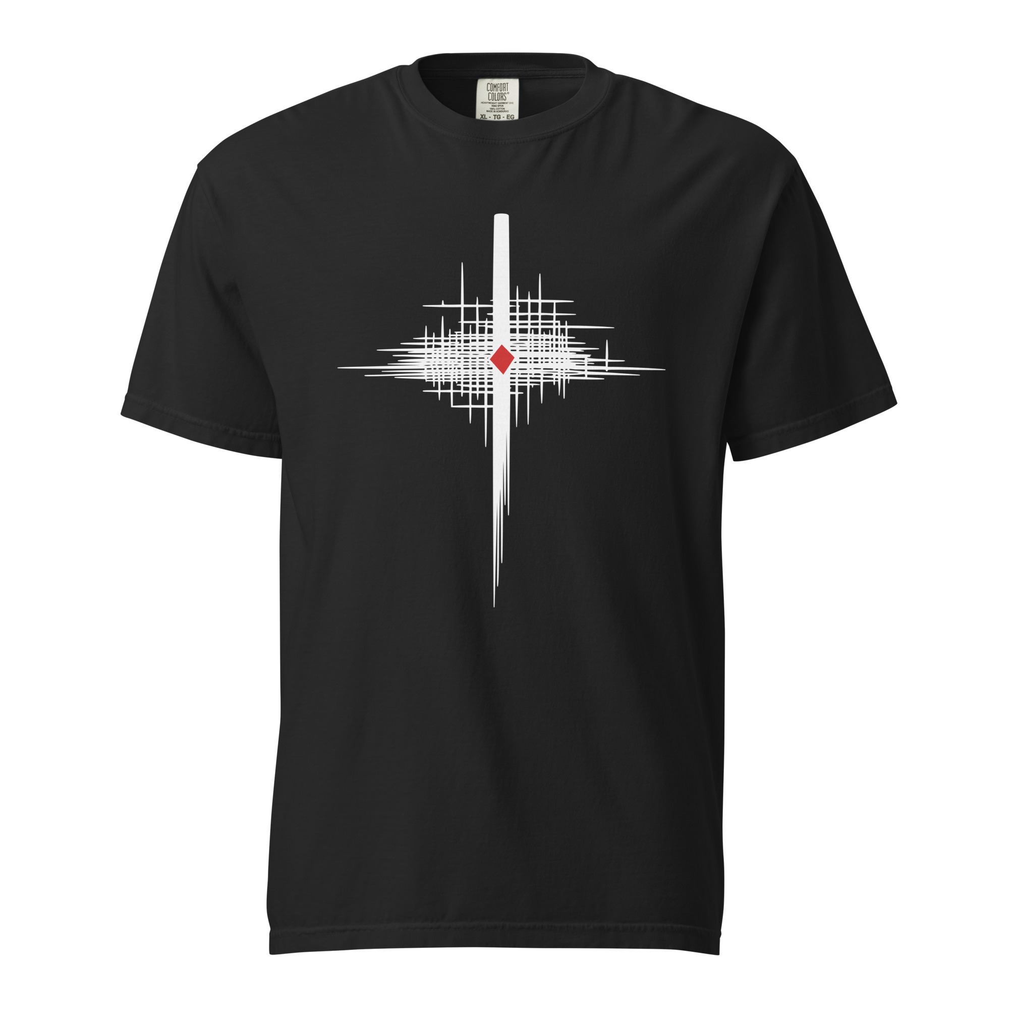 Faith and Certainty heavyweight T-shirt by Casual Clash in black featuring intersecting lines and a red diamond