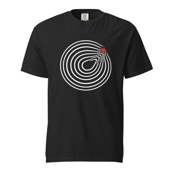 Comfort and Growth heavyweight T-shirt by Casual Clash in black featuring circular lines and a red star