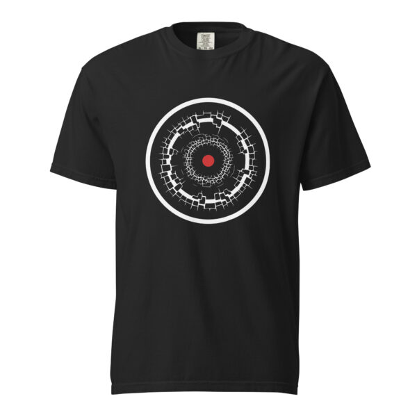 Old Self and New Self heavyweight T-shirt by Casual Clash in black featuring fractured and clean rings and a red circle