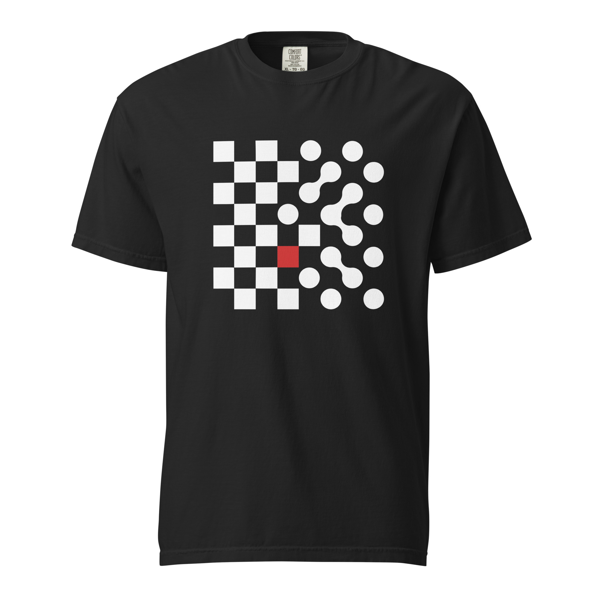 Logic and Emotion heavyweight T-shirt by Casual Clash in black featuring a grid of squares and circles