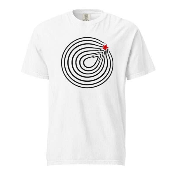 Comfort and Growth heavyweight T-shirt by Casual Clash in white featuring circular lines and a red star