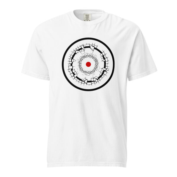 Old Self and New Self heavyweight T-shirt by Casual Clash in white featuring fractured and clean rings and a red circle