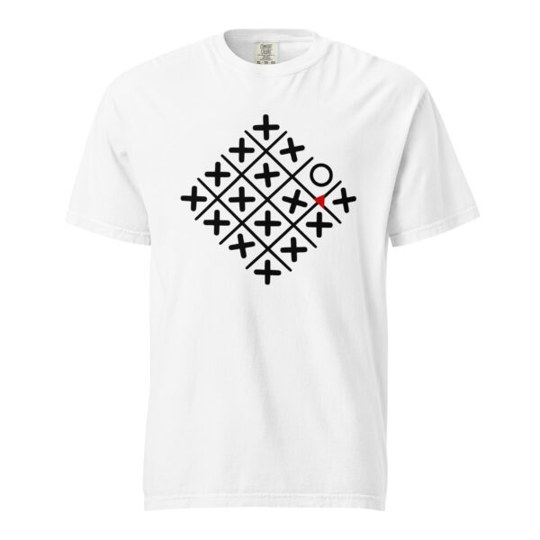 Loneliness and Belonging heavyweight T-shirt by Casual Clash in white featuring a diamond grid of crosses, one circle, and a red triangle