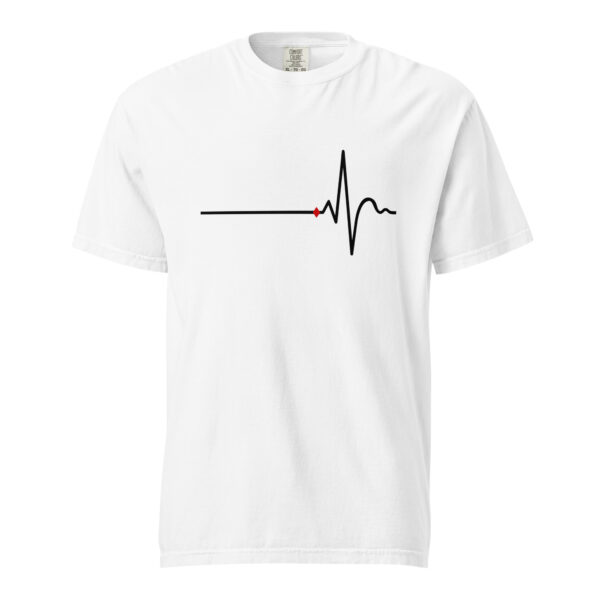 Awake and Asleep heavyweight T-shirt by Casual Clash in white featuring a horizontal line, a sharp peak, and a red diamond