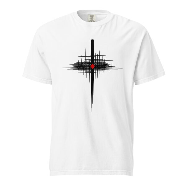 Faith and Certainty heavyweight T-shirt by Casual Clash in white featuring intersecting lines and a red diamond
