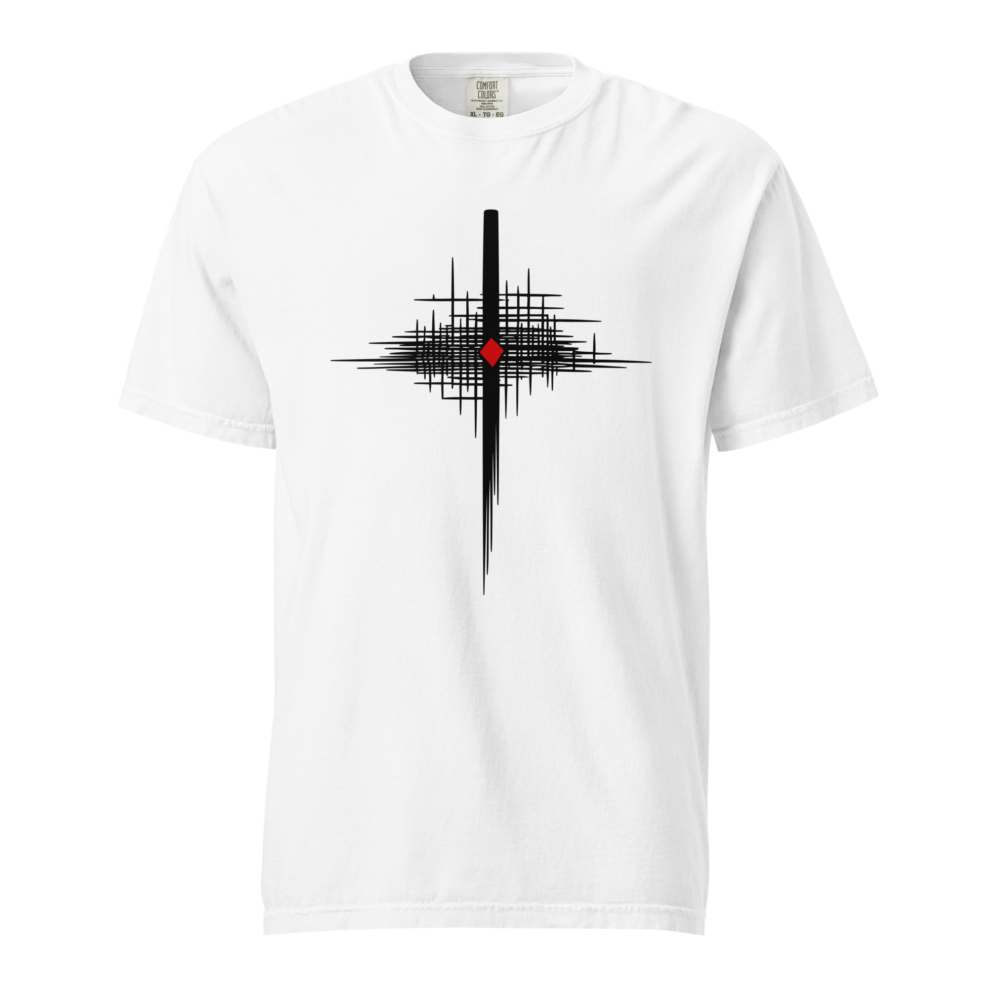 Faith and Certainty heavyweight T-shirt by Casual Clash in white featuring intersecting lines and a red diamond