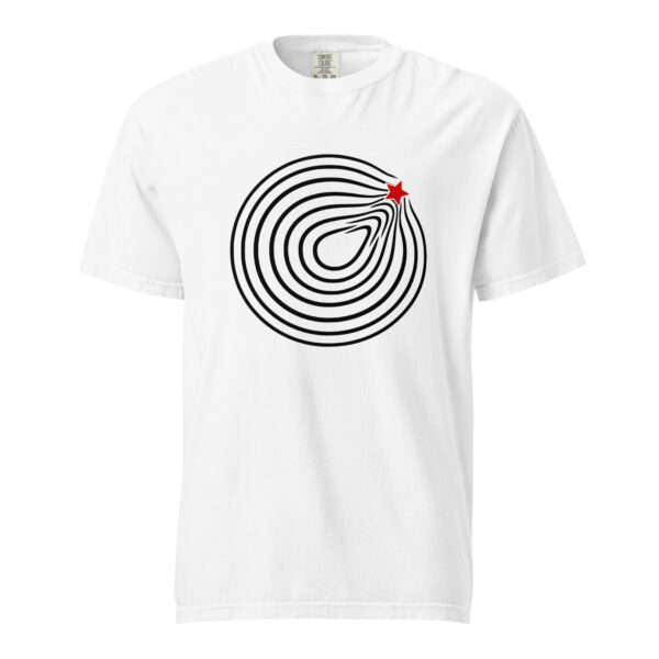 Comfort and Growth heavyweight T-shirt by Casual Clash in white featuring circular lines and a red star