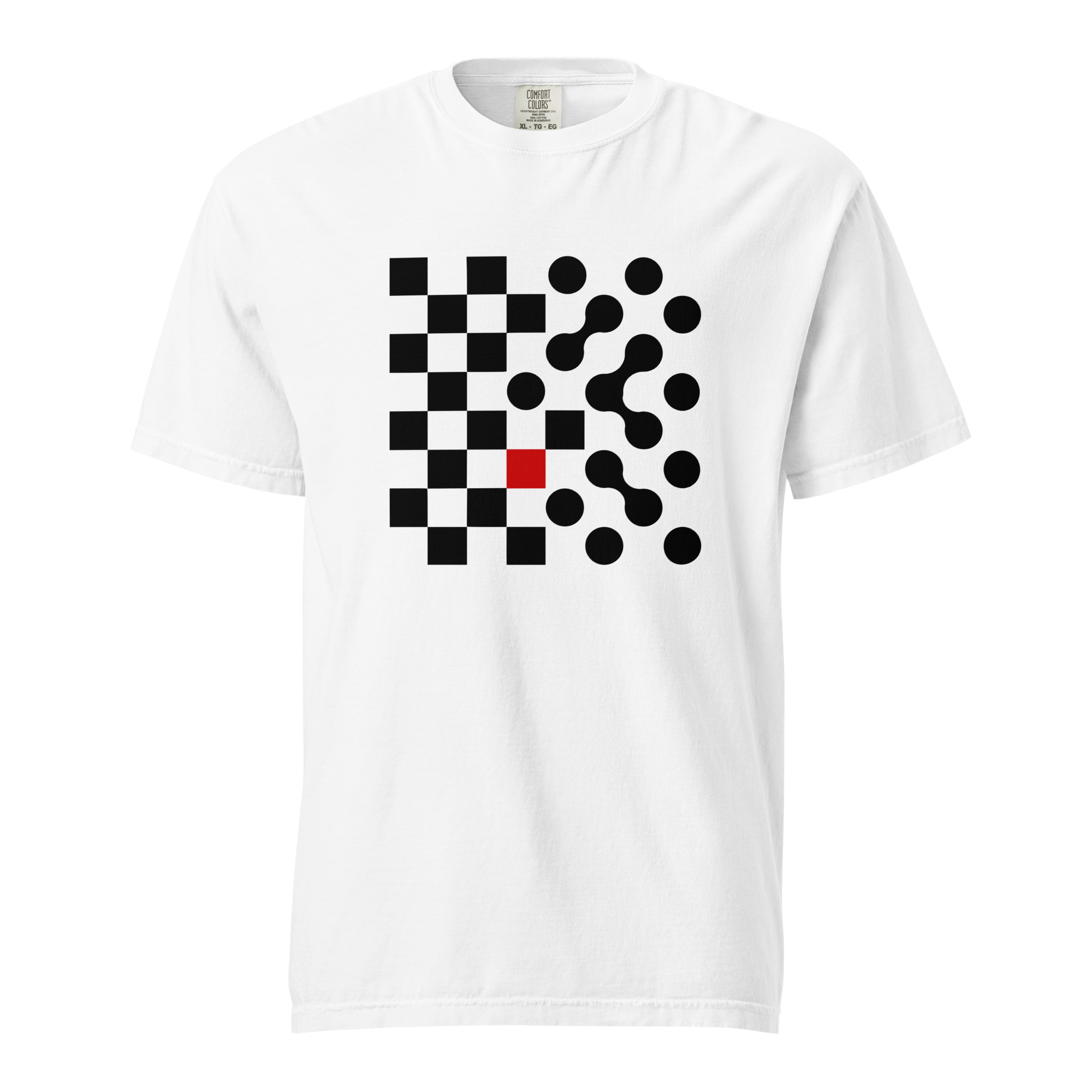 Logic and Emotion heavyweight T-shirt by Casual Clash in white featuring a grid of squares and circles