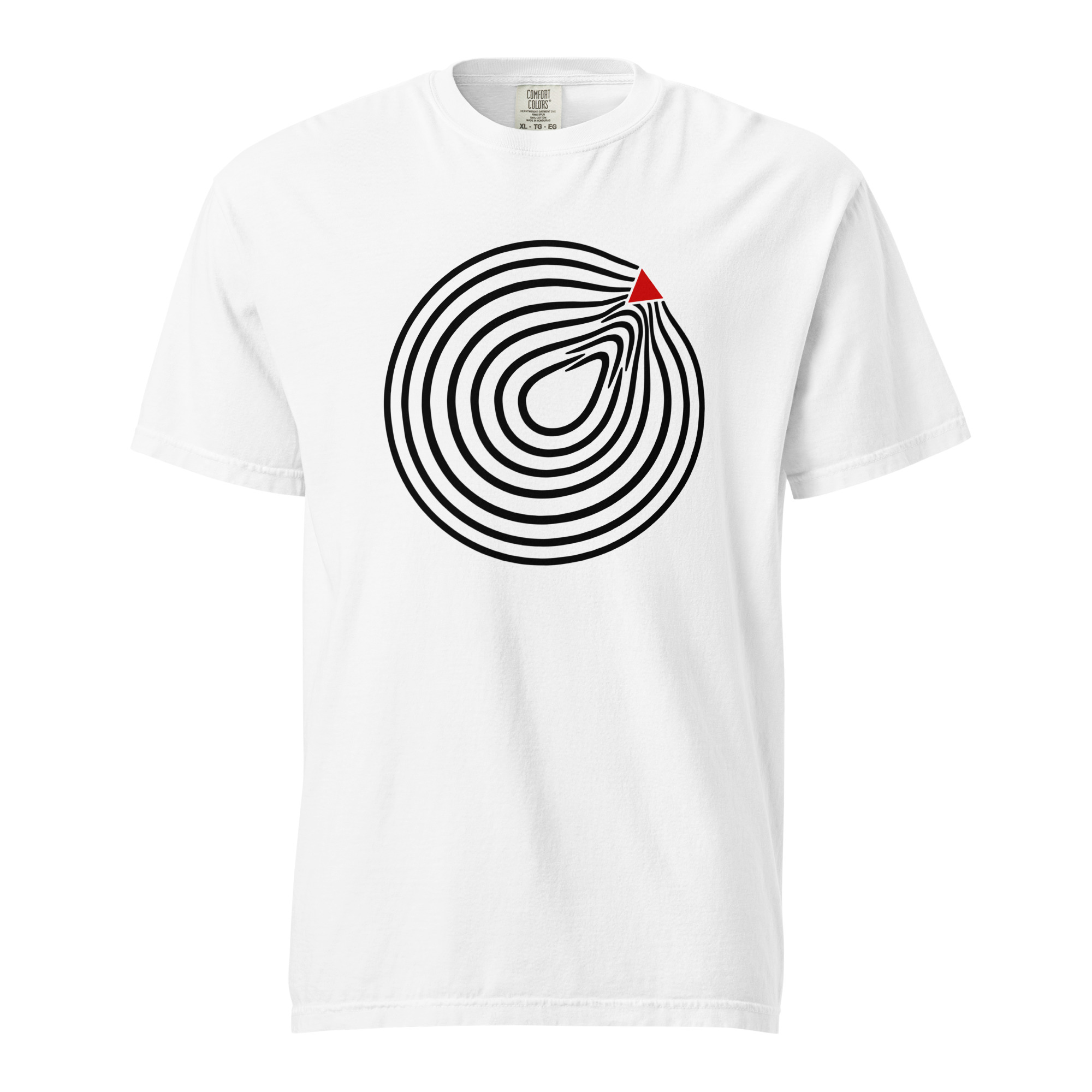 Comfort and Strain heavyweight T-shirt by Casual Clash in white featuring circular lines and a red triangle