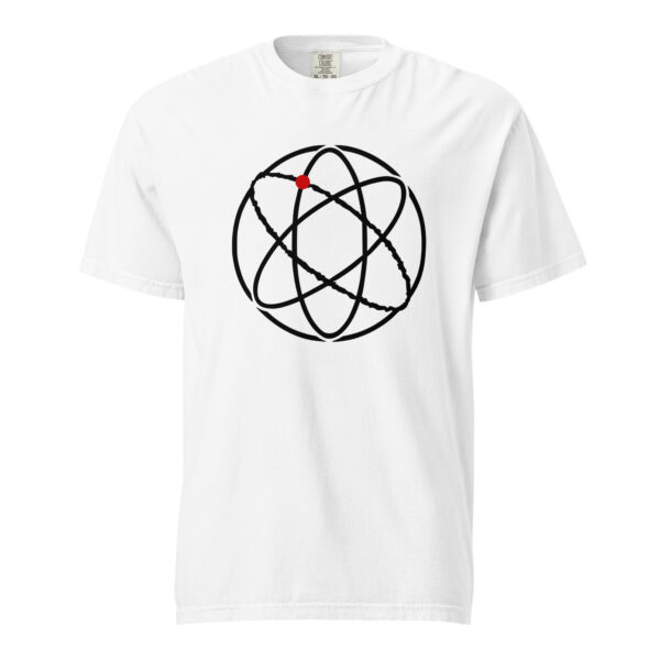 Ego and Awareness heavyweight T-shirt by Casual Clash in white featuring intersecting ovals within a circle and a red circle