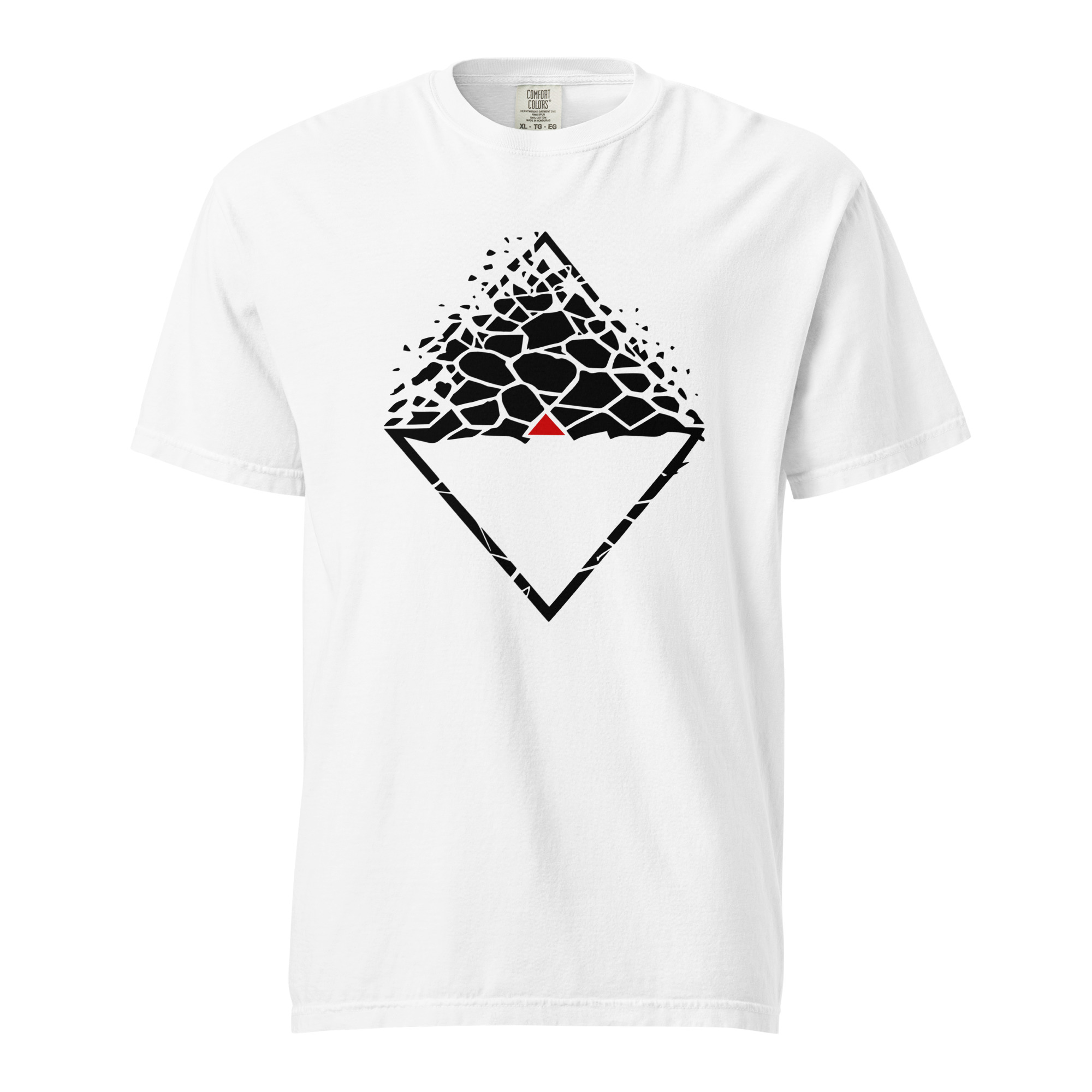 Fear and Courage heavyweight T-shirt by Casual Clash in white featuring fragmented and inverted triangles with a red triangle