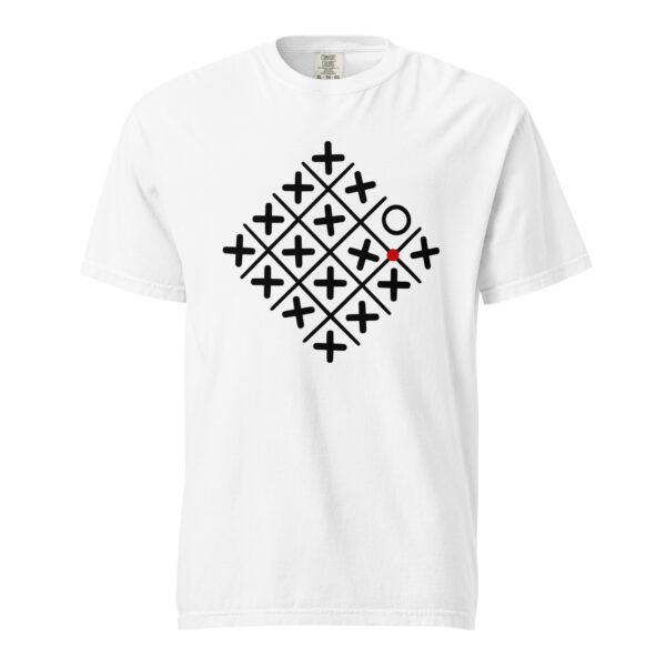 Loneliness and Belonging heavyweight T-shirt by Casual Clash in white featuring a diamond grid of crosses, one circle, and a red circle