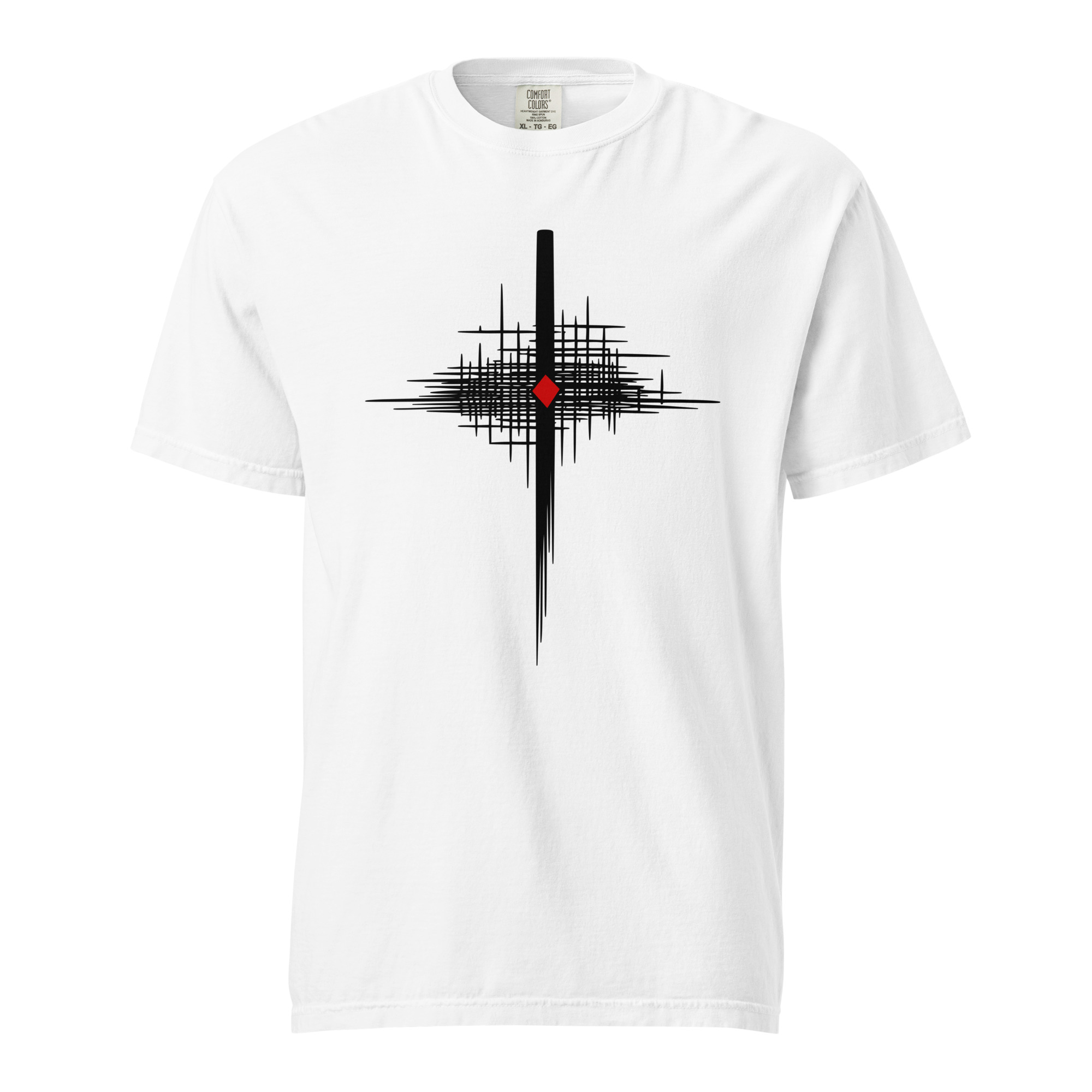 Faith and Doubt heavyweight T-shirt by Casual Clash in white featuring intersecting lines and a red diamond