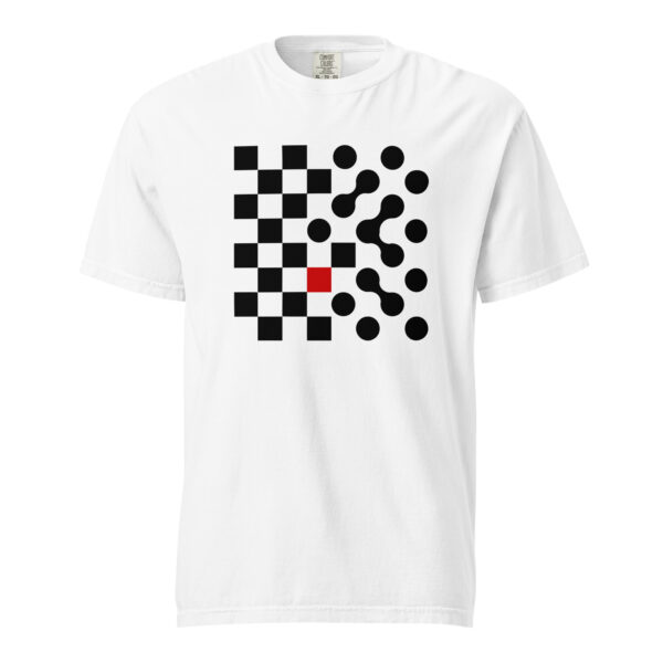 Logic and Emotion heavyweight T-shirt by Casual Clash in white featuring a grid of squares and circles with a red square