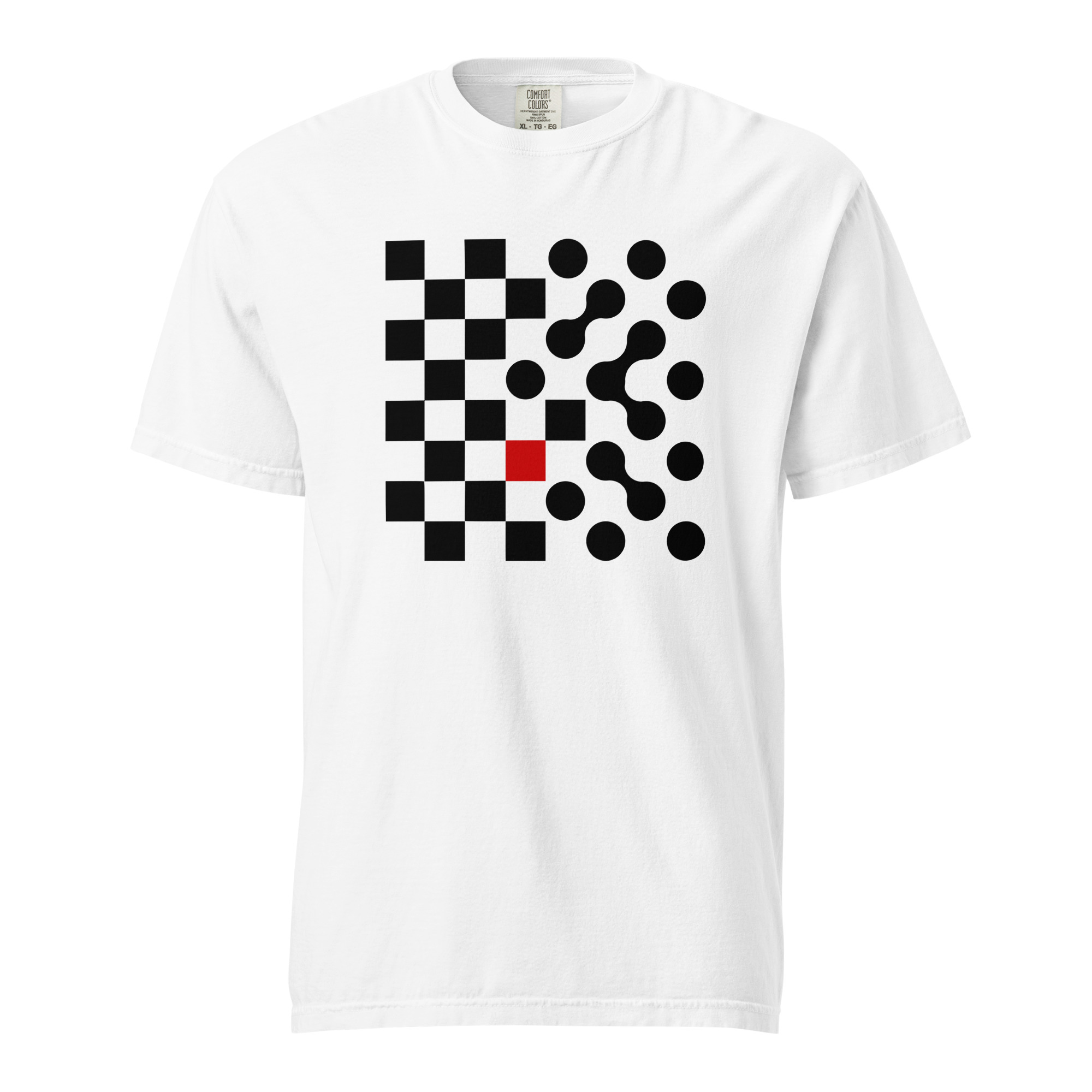 Logic and Emotion heavyweight T-shirt by Casual Clash in white featuring a grid of squares and circles with a red square