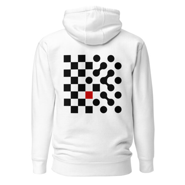 Logic and Emotion pullover hoodie by Casual Clash in white featuring a grid of squares and circles with a red square, back view