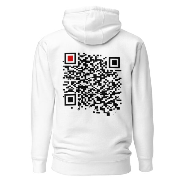 Order and Chaos pullover hoodie by Casual Clash in white featuring a segmented grid and a red square, back view