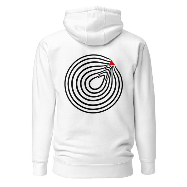 Comfort and Strain pullover hoodie by Casual Clash in white featuring circular lines and a red triangle, back view