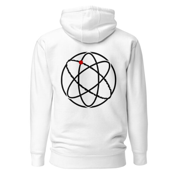 Ego and Awareness pullover hoodie by Casual Clash in white featuring intersecting ovals within a circle and a red circle, back view