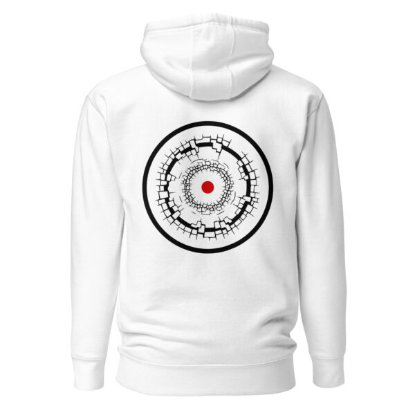 Identity and Change pullover hoodie by Casual Clash in white featuring layered rings and a red circle, back view