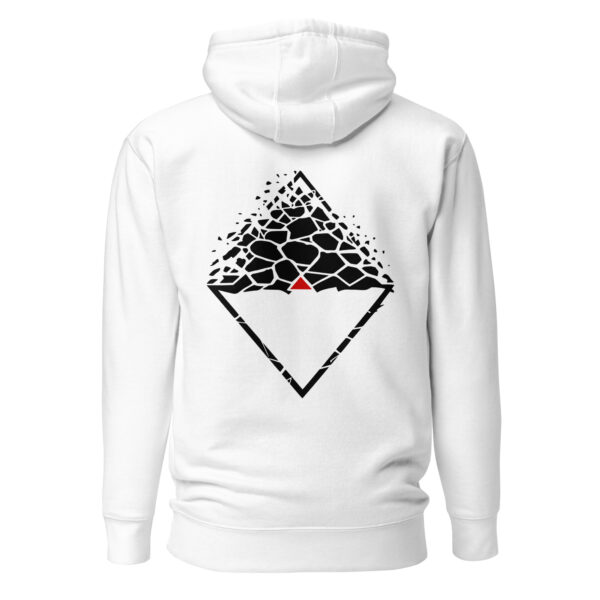 Fear and Courage pullover hoodie by Casual Clash in white featuring fragmented and inverted triangles with a red triangle, back view