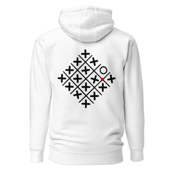 Loneliness and Belonging pullover hoodie by Casual Clash in white featuring a diamond grid of crosses, one circle, and a red circle, back view