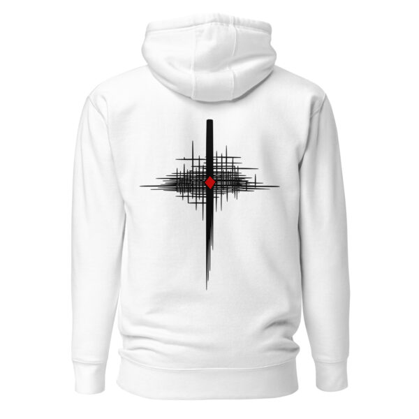 Faith and Doubt pullover hoodie by Casual Clash in white featuring intersecting lines and a red diamond, back view