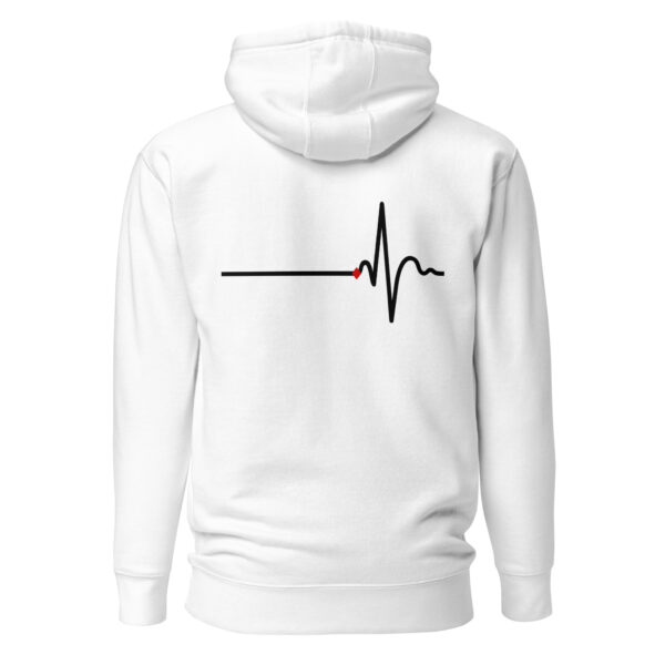 Awake and Asleep pullover hoodie by Casual Clash in white featuring a horizontal line, a peak, and a red diamond, back view