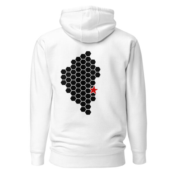 Activity and Rest pullover hoodie by Casual Clash in white featuring a hexagonal pattern and a red star, back view
