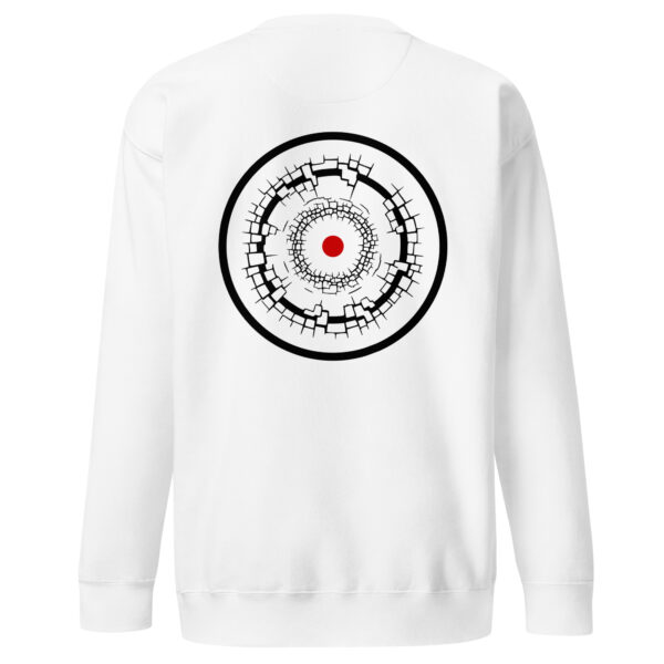 Identity and Change sweatshirt by Casual Clash in white featuring layered rings and a red circle, back view