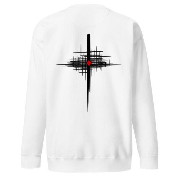 Faith and Doubt sweatshirt by Casual Clash in white featuring intersecting lines and a red diamond, back view