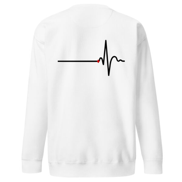 Awake and Asleep sweatshirt by Casual Clash in white featuring a horizontal line, a peak, and a red diamond, back view