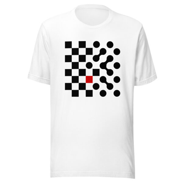Logic and Emotion lightweight T-shirt by Casual Clash in white featuring a grid of squares and circles with a red square